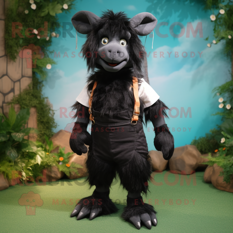 Black Angora Goat mascot costume character dressed with a Shorts and Suspenders