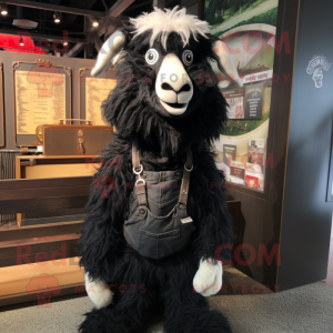 Black Angora Goat mascot costume character dressed with a Shorts and Suspenders