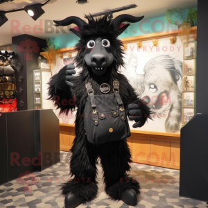 Black Angora Goat mascot costume character dressed with a Shorts and Suspenders