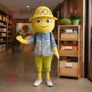 Lemon Yellow Sushi mascot costume character dressed with a Chambray Shirt and Tote bags