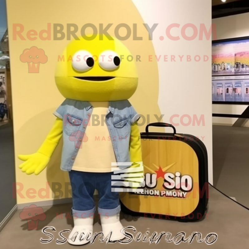 Lemon Yellow Sushi mascot costume character dressed with a Chambray Shirt and Tote bags
