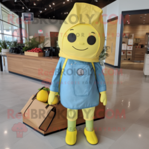 Lemon Yellow Sushi mascot costume character dressed with a Chambray Shirt and Tote bags