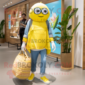 Lemon Yellow Sushi mascot costume character dressed with a Chambray Shirt and Tote bags