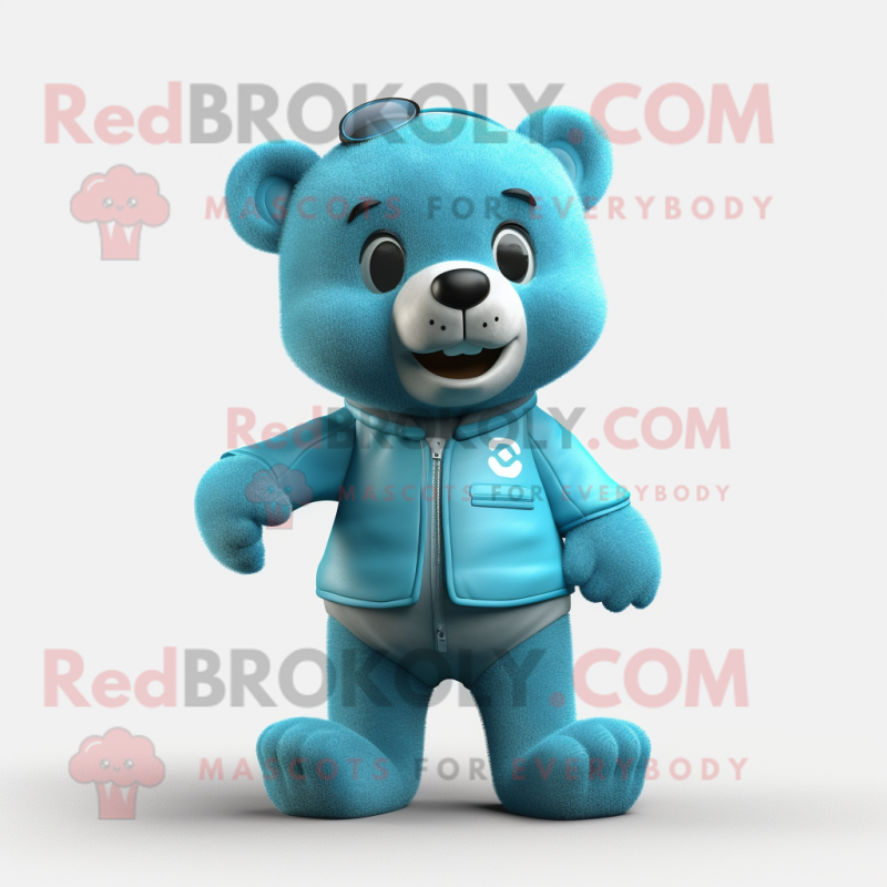 Cyan Teddy Bear mascot costume character dressed with a Overalls and Ties Cyan Teddy Bear mascot costume character dressed with a Overalls and Ties