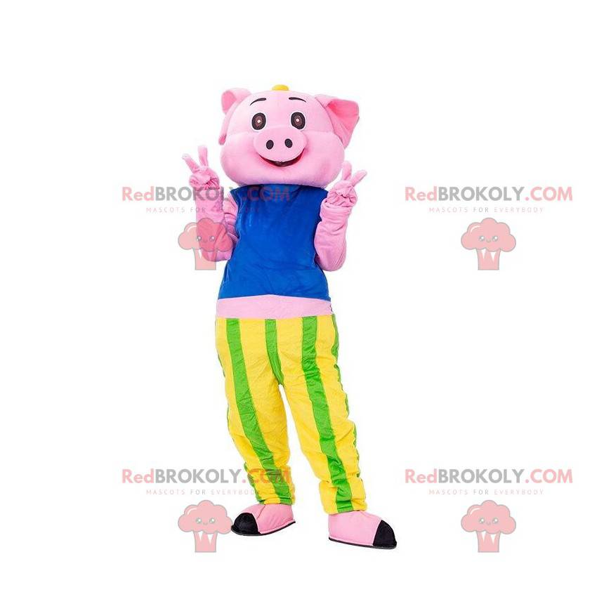 Mascote porco rosa com camiseta e calças listradas - Mascote porco rosa com camiseta e calças listradas -