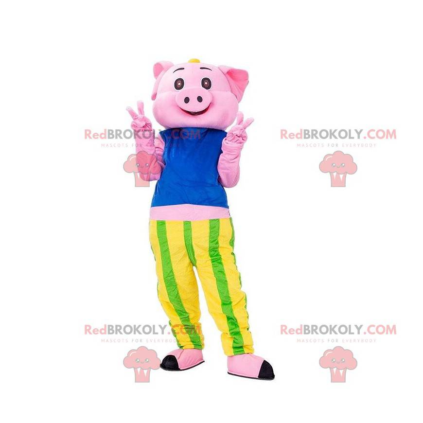 Mascote porco rosa com camiseta e calças listradas -