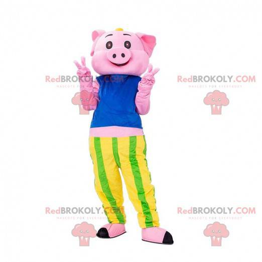 Mascote porco rosa com camiseta e calças listradas -