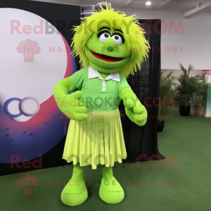 Lime Green Golf Ball mascot costume character dressed with a Dress Pants and Hair clips