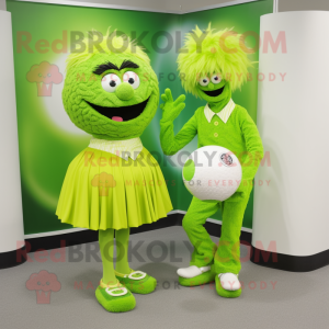 Lime Green Golf Ball mascot costume character dressed with a Dress Pants and Hair clips