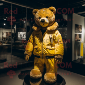 Yellow Teddy Bear mascot costume character dressed with a Bomber Jacket and Watches