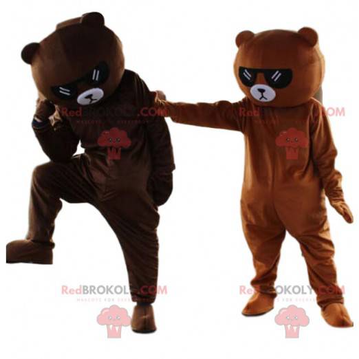 2 mascotes ursinhos de pelúcia marrons com óculos de sol -
