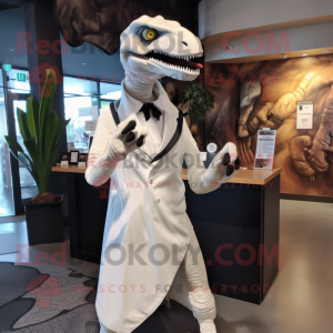 White Utahraptor mascot costume character dressed with a Wrap Skirt and Cufflinks