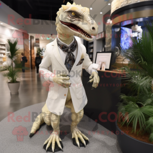 White Utahraptor mascot costume character dressed with a Wrap Skirt and Cufflinks