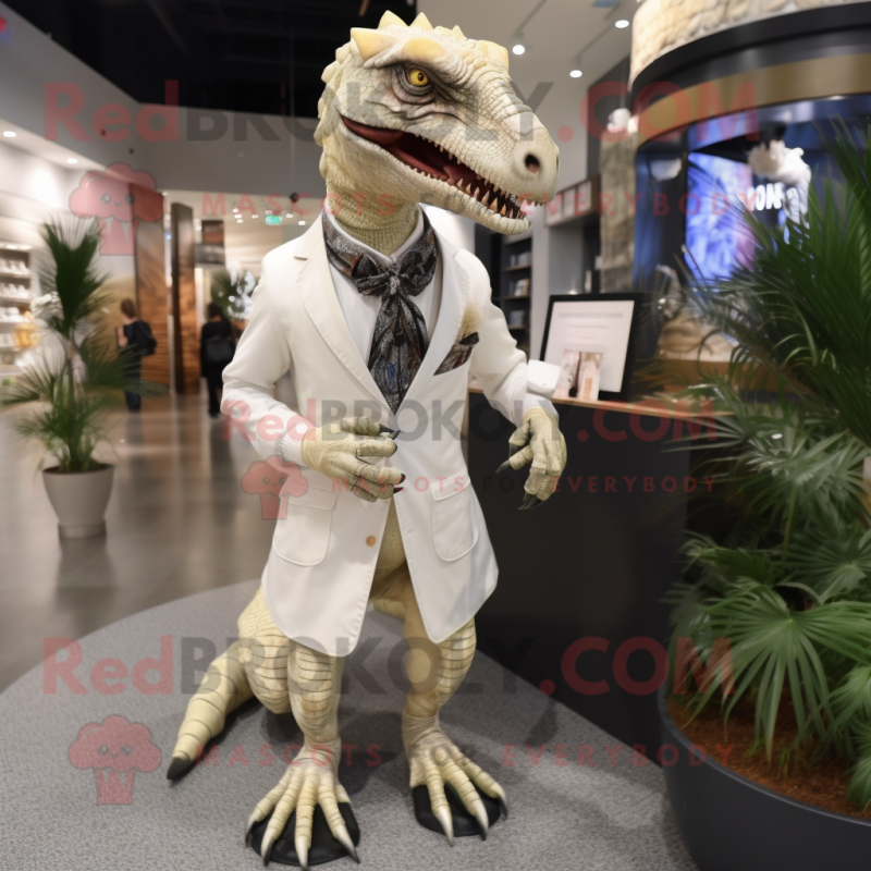 White Utahraptor mascot costume character dressed with a Wrap Skirt and Cufflinks White Utahraptor mascot costume character dressed with a Wrap Skirt and Cufflinks