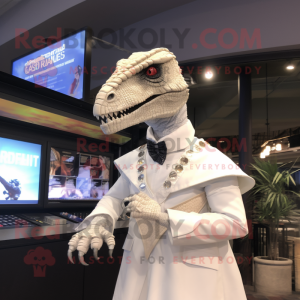 White Utahraptor mascot costume character dressed with a Wrap Skirt and Cufflinks