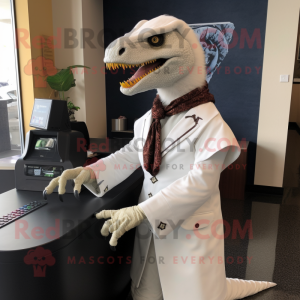 White Utahraptor mascot costume character dressed with a Wrap Skirt and Cufflinks