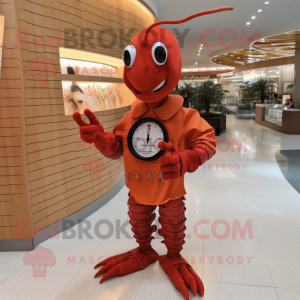 Rust Lobster mascot costume character dressed with a Sheath Dress and Bracelet watches