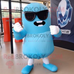 Sky Blue Boxing Glove mascot costume character dressed with a A-Line Skirt and Sunglasses