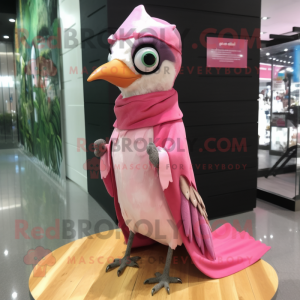 Pink Woodpecker mascot costume character dressed with a Wrap Dress and Shawl pins