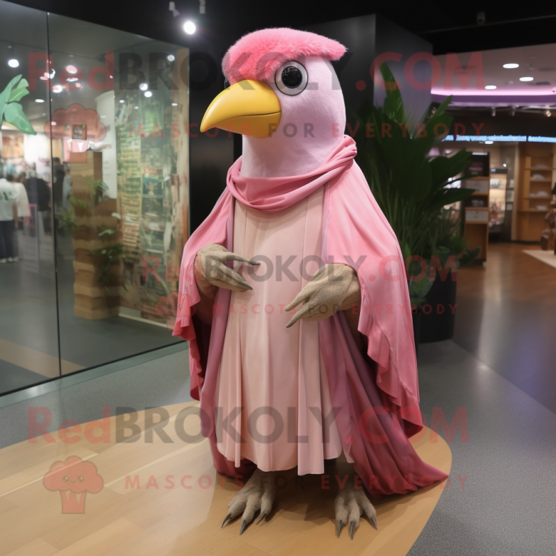 Pink Woodpecker mascot costume character dressed with a Wrap Dress and Shawl pins