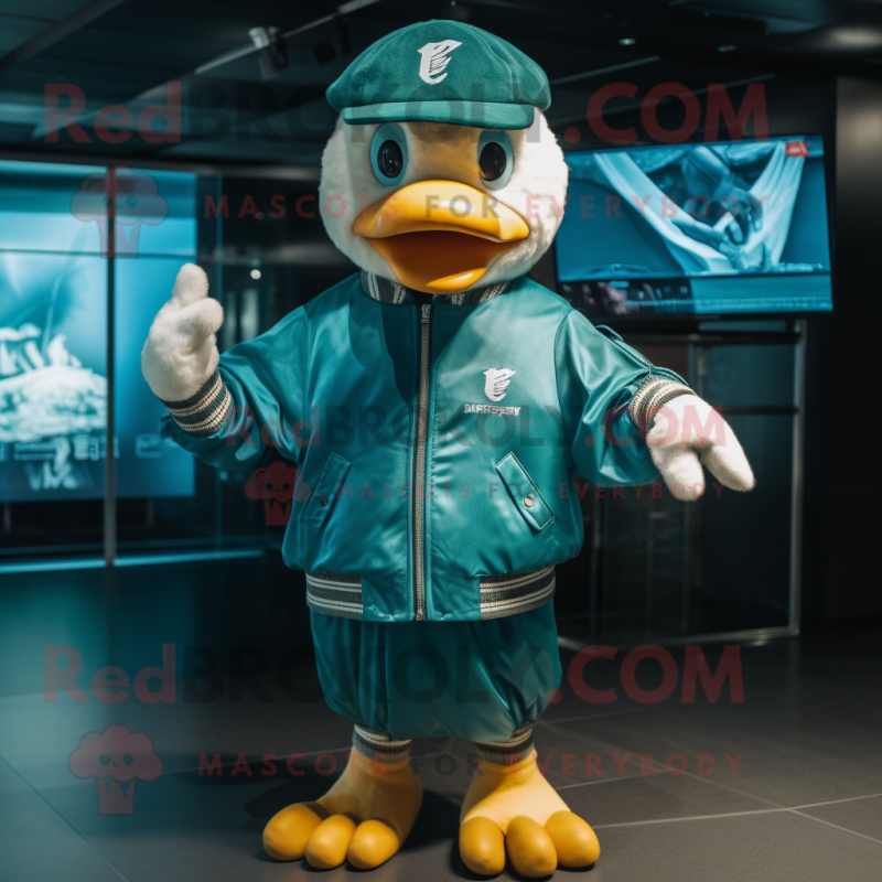 Teal Swans mascot costume character dressed with a Bomber Jacket and Caps