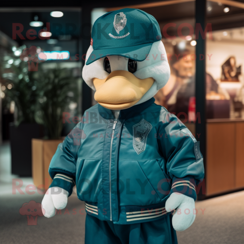 Teal Swans mascot costume character dressed with a Bomber Jacket and Caps