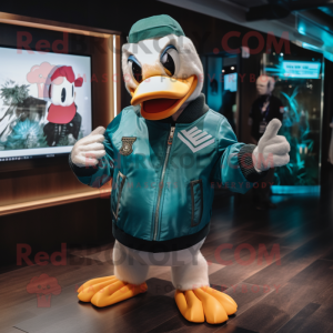 Teal Swans mascot costume character dressed with a Bomber Jacket and Caps