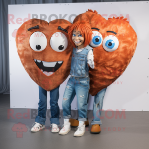Rust Heart mascot costume character dressed with a Boyfriend Jeans and Hairpins