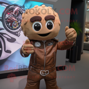 Brown Wrist Watch mascot costume character dressed with a Moto Jacket and Hairpins