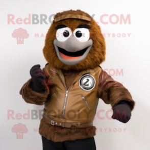 Brown Wrist Watch mascot costume character dressed with a Moto Jacket and Hairpins