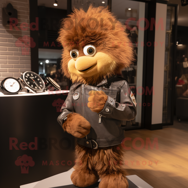 Brown Wrist Watch mascot costume character dressed with a Moto Jacket and Hairpins Brown Wrist Watch mascot costume character dressed with a Moto Jacket and Hairpins