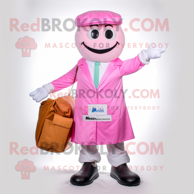 Pink Moussaka mascot costume character dressed with a Dress Shirt and Messenger bags