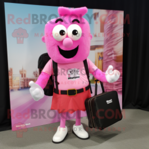 Pink Moussaka mascot costume character dressed with a Dress Shirt and Messenger bags