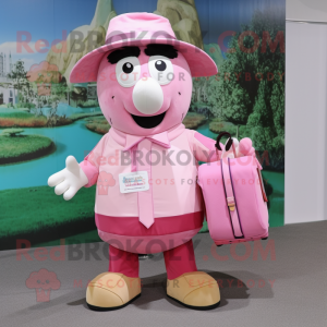 Pink Moussaka mascot costume character dressed with a Dress Shirt and Messenger bags