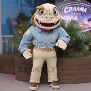 Cream Piranha mascot costume character dressed with a Mom Jeans and Anklets