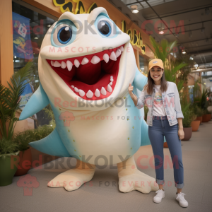 Cream Piranha mascot costume character dressed with a Mom Jeans and Anklets