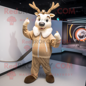 Beige Reindeer mascot costume character dressed with a Windbreaker and Rings