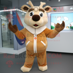 Beige Reindeer mascot costume character dressed with a Windbreaker and Rings