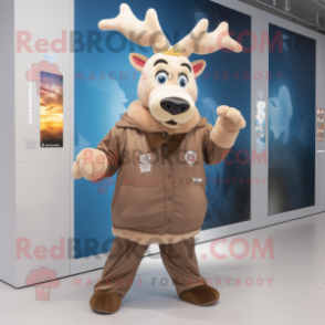 Beige Reindeer mascot costume character dressed with a Windbreaker and Rings