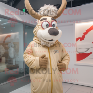 Beige Reindeer mascot costume character dressed with a Windbreaker and Rings