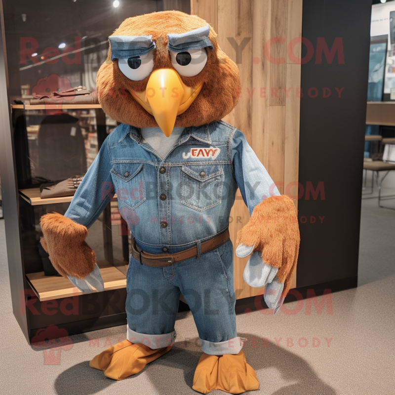 Rust Eagle mascot costume character dressed with a Denim Shirt and Pocket squares Rust Eagle mascot costume character dressed with a Denim Shirt and Pocket squares