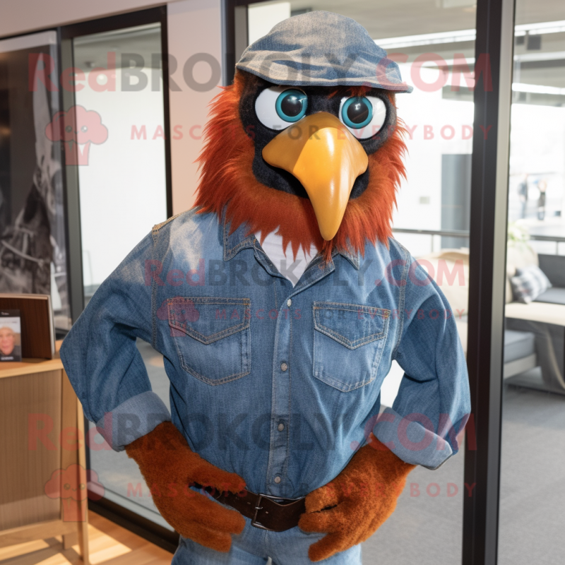 Rust Eagle mascot costume character dressed with a Denim Shirt and Pocket squares Rust Eagle mascot costume character dressed with a Denim Shirt and Pocket squares