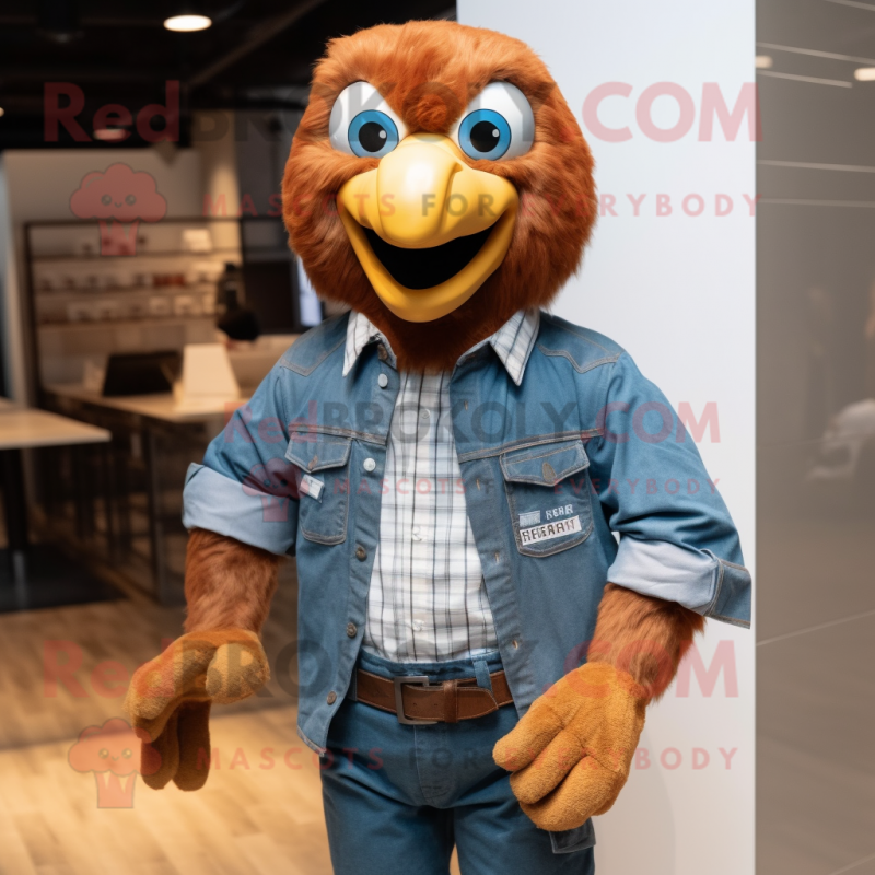 Rust Eagle mascot costume character dressed with a Denim Shirt and Pocket squares