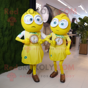 Lemon Yellow Paella mascot costume character dressed with a Shift Dress and Smartwatches