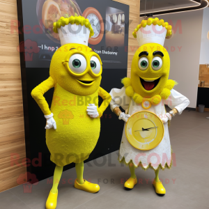 Lemon Yellow Paella mascot costume character dressed with a Shift Dress and Smartwatches
