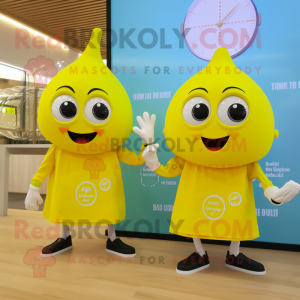 Lemon Yellow Paella mascot costume character dressed with a Shift Dress and Smartwatches