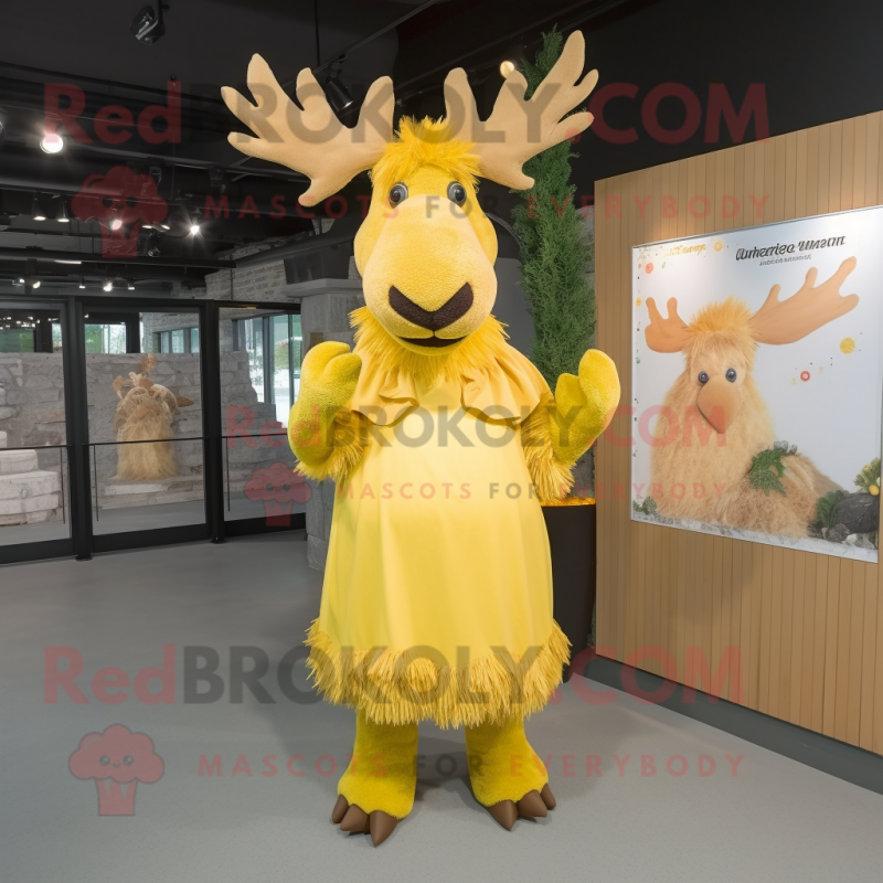 Yellow Moose mascot costume character dressed with a Dress and Hair clips