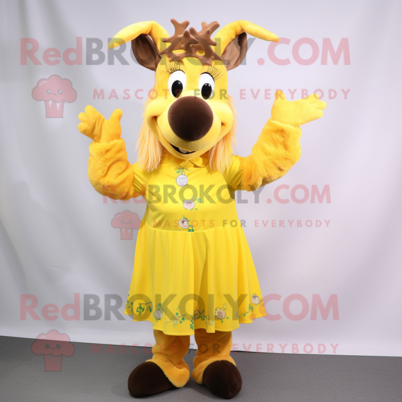 Yellow Moose mascot costume character dressed with a Dress and Hair clips