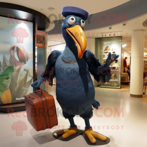 Navy Dodo Bird mascot costume character dressed with a Jumpsuit and Handbags