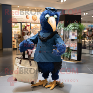 Navy Dodo Bird mascot costume character dressed with a Jumpsuit and Handbags